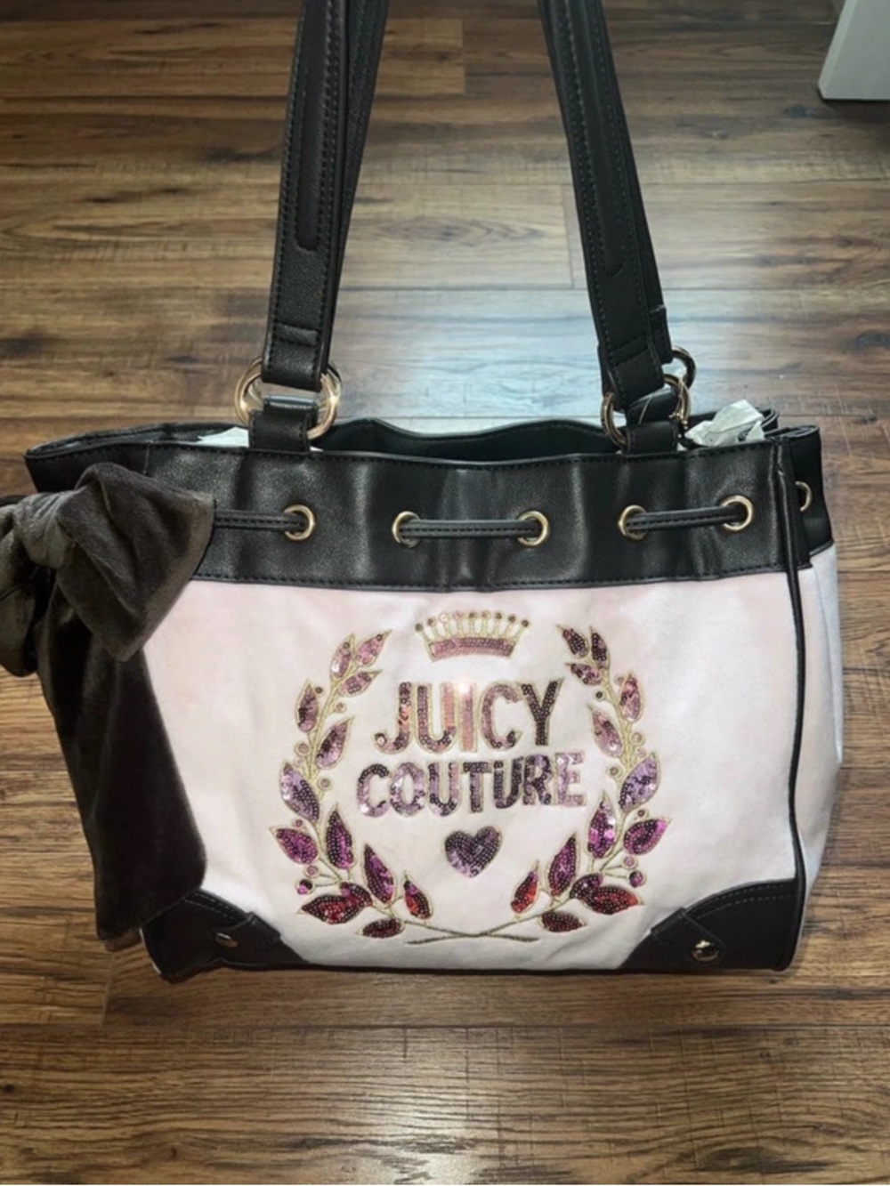 Juicy Couture Never Dies Retro Tote Trendy Chiffon Pink and Chocolate Y2K Bag